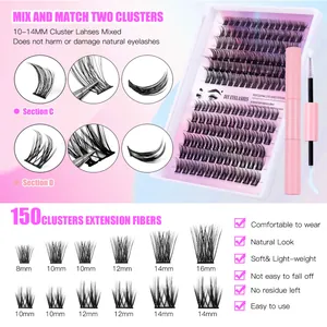Détail macro du kit de 150 faux cils DIY avec longueurs mixtes 8-16mm et applicateur rose