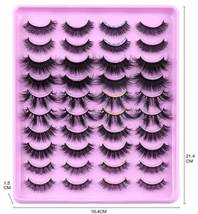 Detailed size view of 20 pairs faux mink eyelash set in a pink 18.4x21.4cm tray