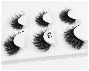 Macro detail of R13 6D fluffy synthetic mink eyelashes with natural volume and 3 pairs