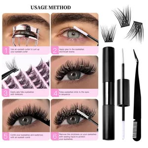 DIY cluster eyelash extension kit with 10-14mm segments, dual-end bond sealant and tweezers