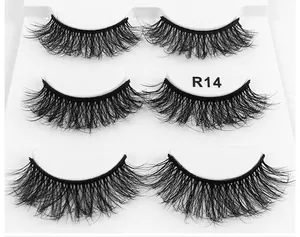 Detail of 3 pairs of thick fluffy 6D synthetic mink eyelashes in R14 style tray