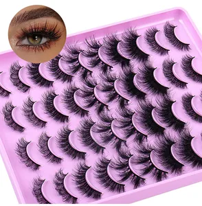 Detailed view of 20 pairs of thick faux mink eyelashes on a pink rectangle display tray