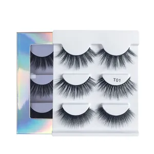 Set of 3 pairs of thick faux mink eyelashes in a holographic box for natural makeup look