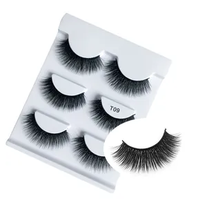 T09 3-pair thick faux mink eyelashes with multi-layer volume and curly natural finish