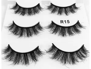 Detailed top view of 3 pairs of 6D fluffy faux mink eyelashes with natural volume