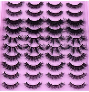 Detailed view of 20 pairs assorted faux mink eyelashes in a pink and purple tray