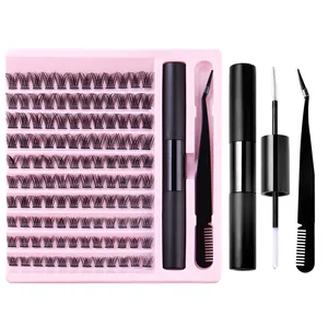 DIY eyelash extension kit with C-curl individual lashes, bond and seal glue, and tweezers
