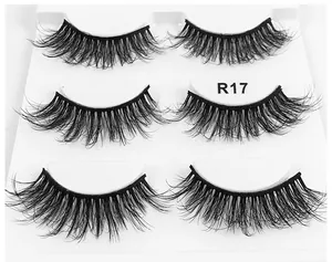 Detailed close-up of 6D fluffy synthetic mink eyelashes R17 in a three-pair pack