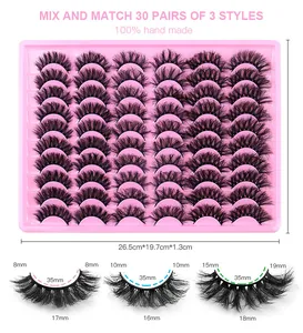 Detail view of 30 pairs fake eyelashes set with 3 styles and length specs 8mm to 19mm