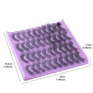 Set of 20 pairs of dense curly false eyelashes in a light purple tray with clear lid