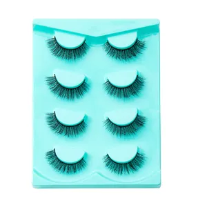 Lot de 4 paires de faux cils en vison synthétique noir avec support bleu, vue de dessus