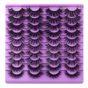 20 pairs of dense curly false eyelashes set on a purple tray with multi-color highlight lines