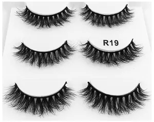 Detailed view of R19 6D fluffy false eyelashes set with 3 pairs in a white tray