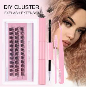 DIY cluster lash extension kit with pink applicator tools and lash clusters for home use