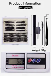 Macro detail of DIY eyelash extensions kit with glue, tweezers, and size dimensions