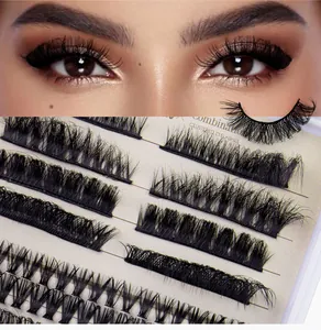 Detailed view of DIY clustered eyelash extension set with natural curly makeup look