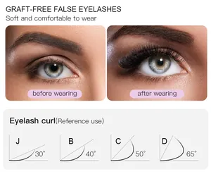 Comparison chart showing J, B, C, D curls with 30 to 65 degree professional lash angles