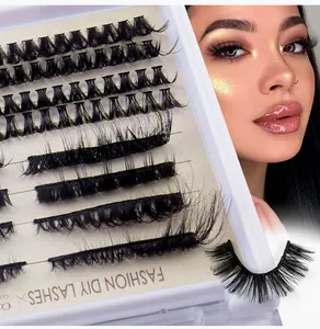 Close-up of segmented DIY lash clusters in box with high-definition model eye effect