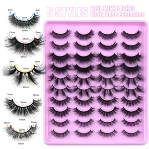 20 pairs of fluffy faux mink eyelashes in 5 multi-layered styles with curly finish