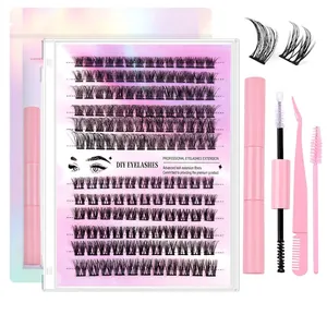 Kit Extension Cils En Grappe DIY Fibre Synthétique Faux Cils Segmentés Avec Bond Seal Applicateur Pinceau Brosse