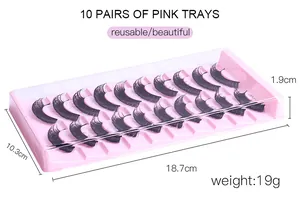 Detail view of 10 pairs of dense curly false eyelashes in a pink protective tray