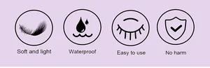 Lash extension icons showing soft, waterproof, easy to use, and safe properties