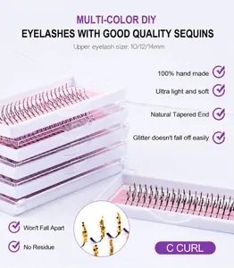 Detailed view of colorful glitter fairy eyelashes in C curl with 10mm to 14mm length