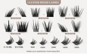 Detail view of cluster mixed lashes set with different C and D curl styles from 8 to 16mm