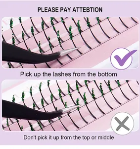 Guide showing the correct way to pick up glitter lashes with tweezers at the base