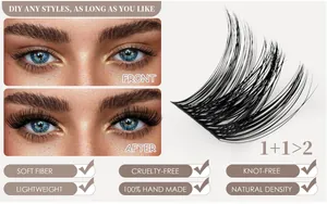 Detail of DIY individual cluster lashes showing before and after application effects