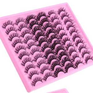 Close-up of 30 pairs of thick faux mink eyelashes in a pink display tray organizer