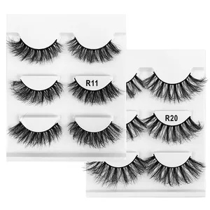 Fluffy 6D synthetic mink eyelashes set featuring R11 and R20 styles in a 3-pair tray pack