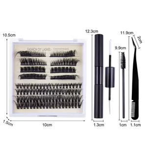 DIY cluster lashes set with mixed eyelash tray, dual-ended glue, spoolie, and tweezer