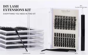DIY eyelash extension kit with segmented lashes, dual-head glue, tweezers and brush