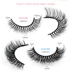 Wispy faux mink lashes set with detailed length measurements and dense fluffy texture