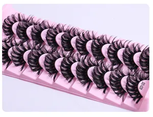 Macro view of 20 pairs of dense D-curl false eyelashes in pink tray model DD-028