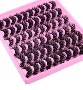 Close-up of 50 pairs of thick curled false eyelashes in a pink rectangular tray