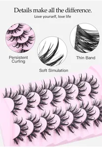 Detailansicht von sieben Paaren dicker, geschwungener falscher Wimpern mit weichen Bändern