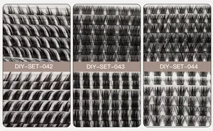 Detailed comparison of three DIY cluster eyelash extension styles with varied curls and lengths