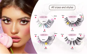 Detailed chart of floral false eyelashes with measurements and model's makeup look