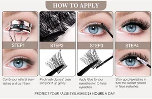 Four-step tutorial showing application of voluminous DIY segmented false eyelashes kit