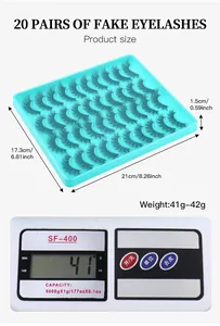 Detailed view of 20 pairs of dense false eyelashes with dimensions and weight display