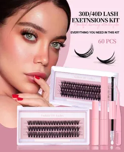 Dettaglio kit extension ciglia fai-da-te con ciuffi 30D/40D, colla e pinzette rosa