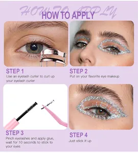 Detailed four-step guide for applying sequin glitter eyelashes with tweezers and curler