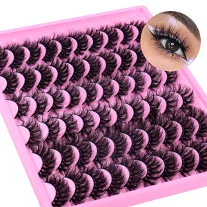 30 pairs of natural thick false eyelashes set in a pink tray with close-up eye makeup effect