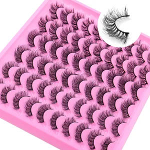 20 pairs of voluminous black faux mink eyelashes with curly texture on pink tray
