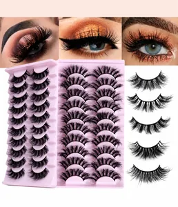Close-up of 10 pairs of 3D curly thick false eyelashes in pink trays for Russian volume look