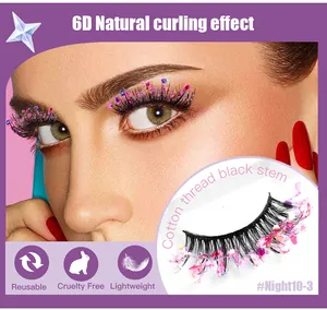Detail von 6D farbigen Pailletten-Wimpern mit Baumwollfaden und schwarzem Schaft