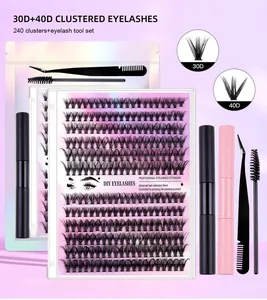 Kit d'extension de cils 240 clusters 30D/40D avec pince, colle et brosse spirale