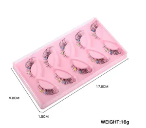 Detail of 5 pairs of fox-style false eyelashes with tiny colorful flower sequins on clear bands